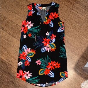 Old Navy Black Floral V-Neck Top with Red, Blue, Yellow and Green Accents
